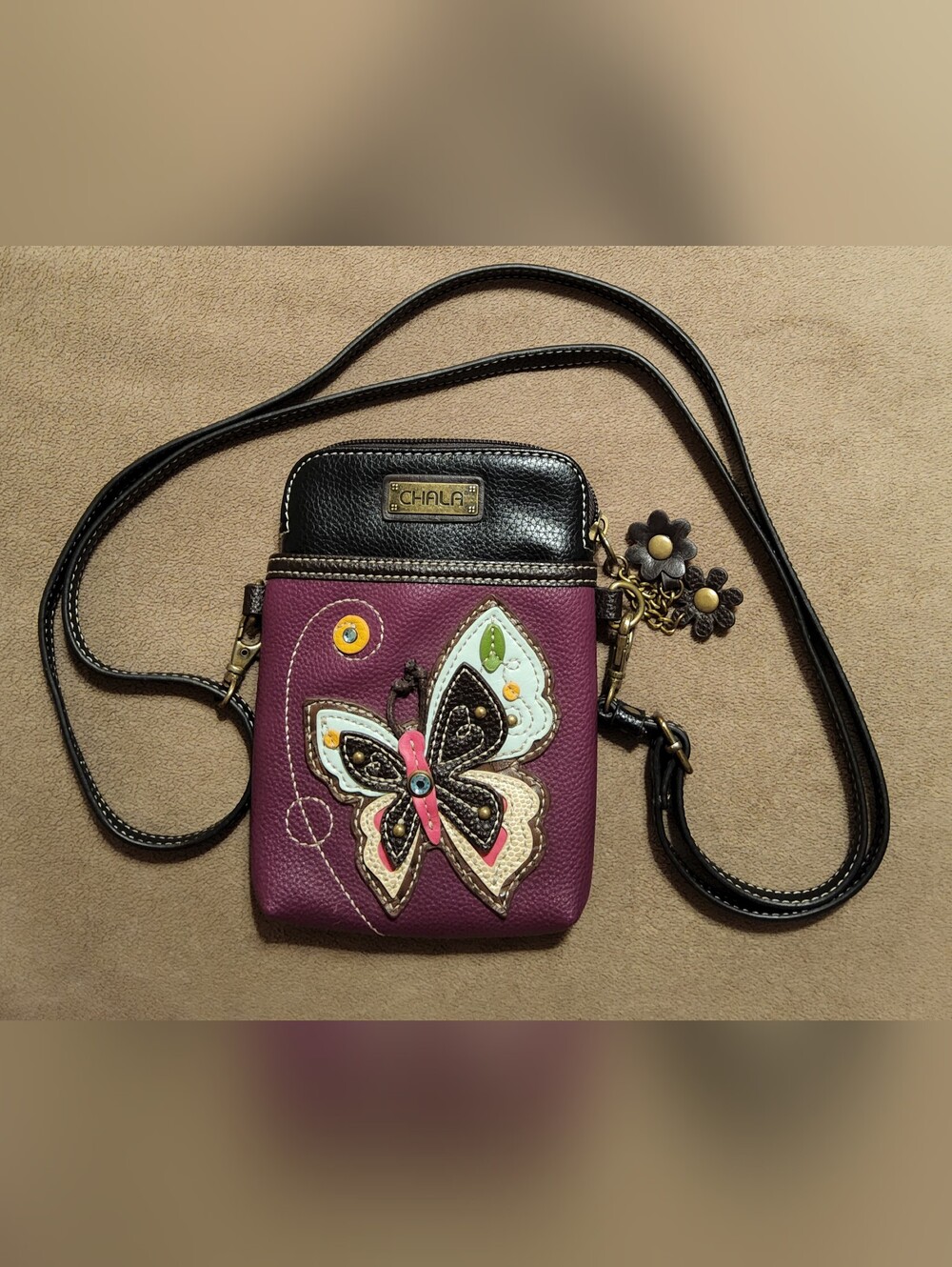 Chala Plum Butterfly Crossbody Bag with Black Trim